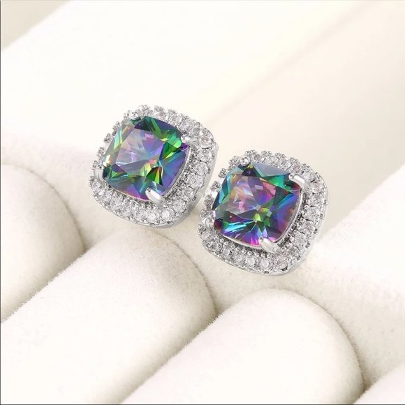 New Rainbow Square Cut Unisex Diamond Earrings - Picture 5 of 6